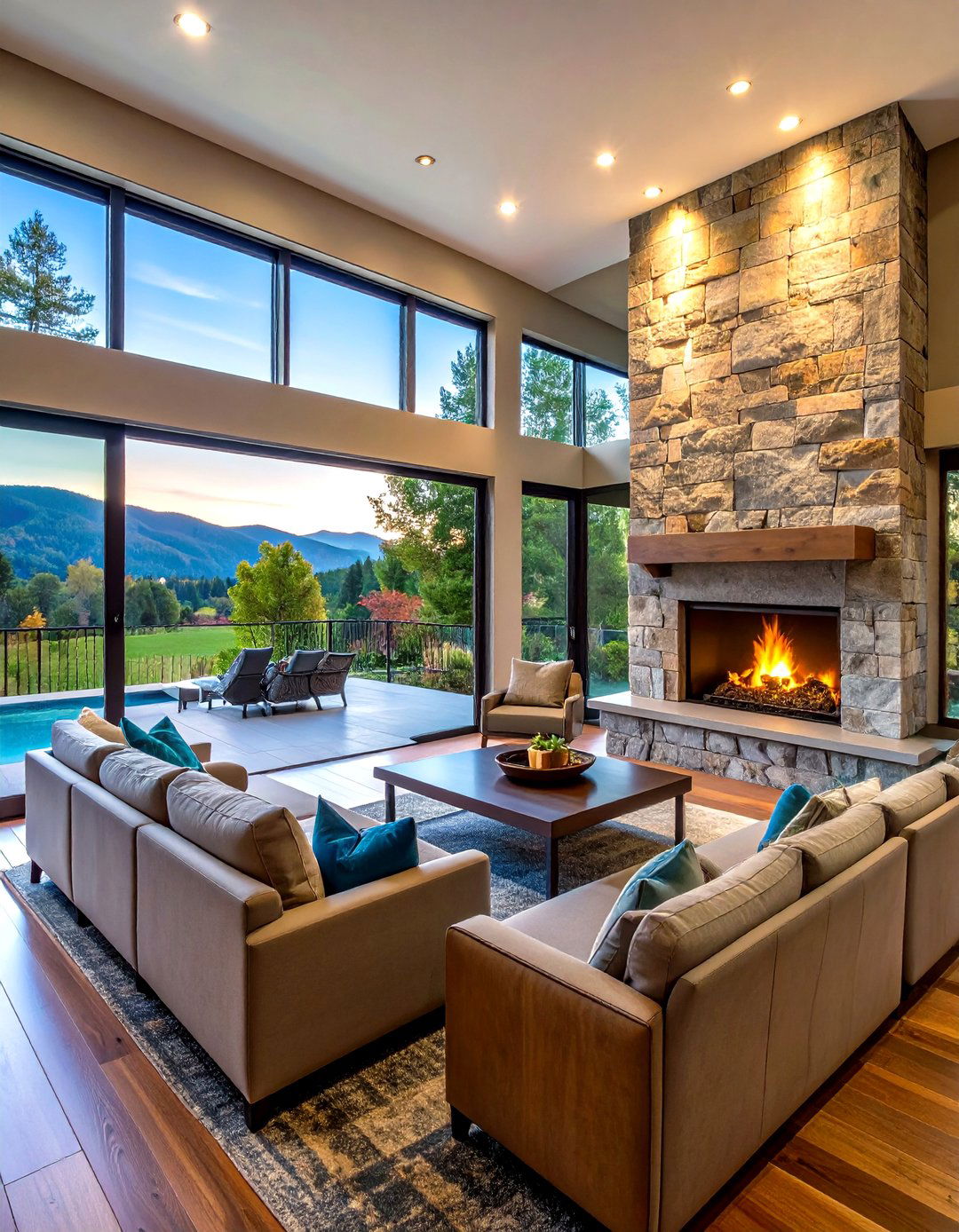 Outdoor Indoor Continuous Stone Wall - 20 Floor-to-Ceiling Stone Fireplace Ideas
