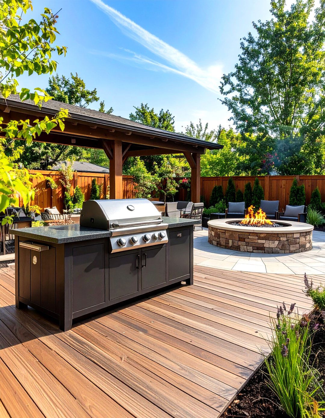 Outdoor Kitchen Deck Over Paver Fire Pit Patio - 20 Deck and Patio Combination Ideas
