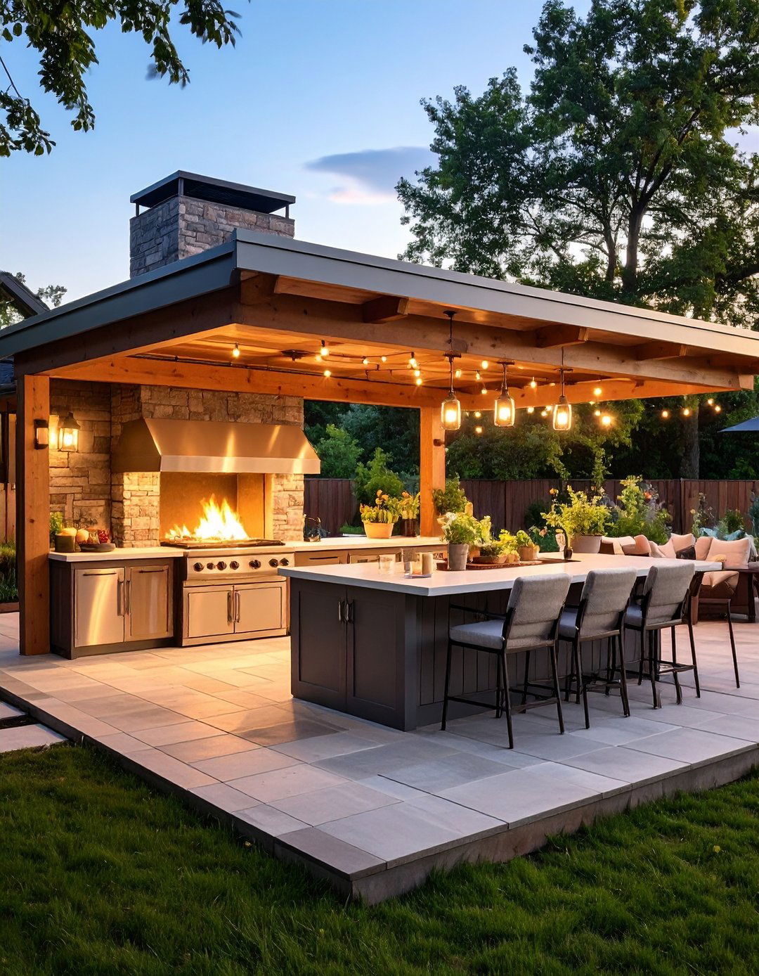 Outdoor Kitchen Fireplace With Covered Patio Integration - 20 Kitchens With Fireplaces
