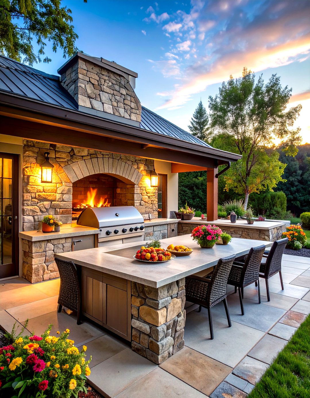 Outdoor Kitchen Porch Fireplace with Integrated Cooking Features - 20 Porch Fireplace Ideas
