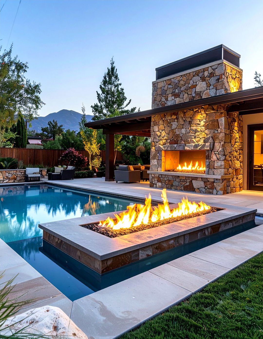 Outdoor Linear Fireplace with Natural Stone Wall - 20 linear fireplace ideas