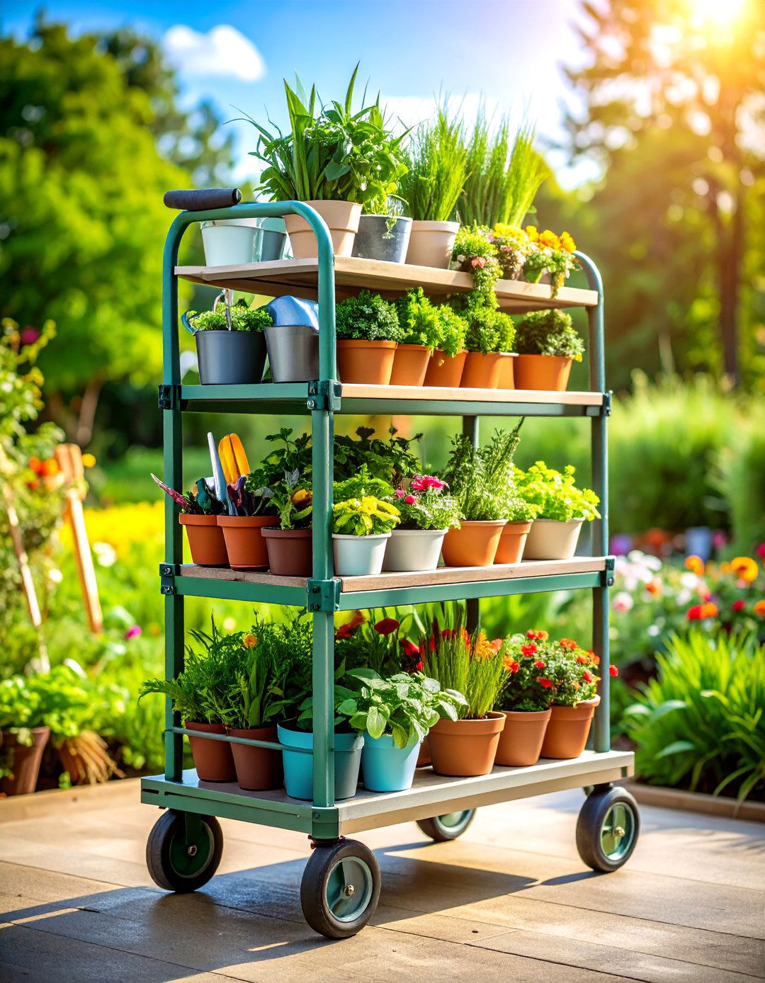 Outdoor Plant Stand Cart with Handle and Wheels - 20 Outdoor Plant Stand Ideas