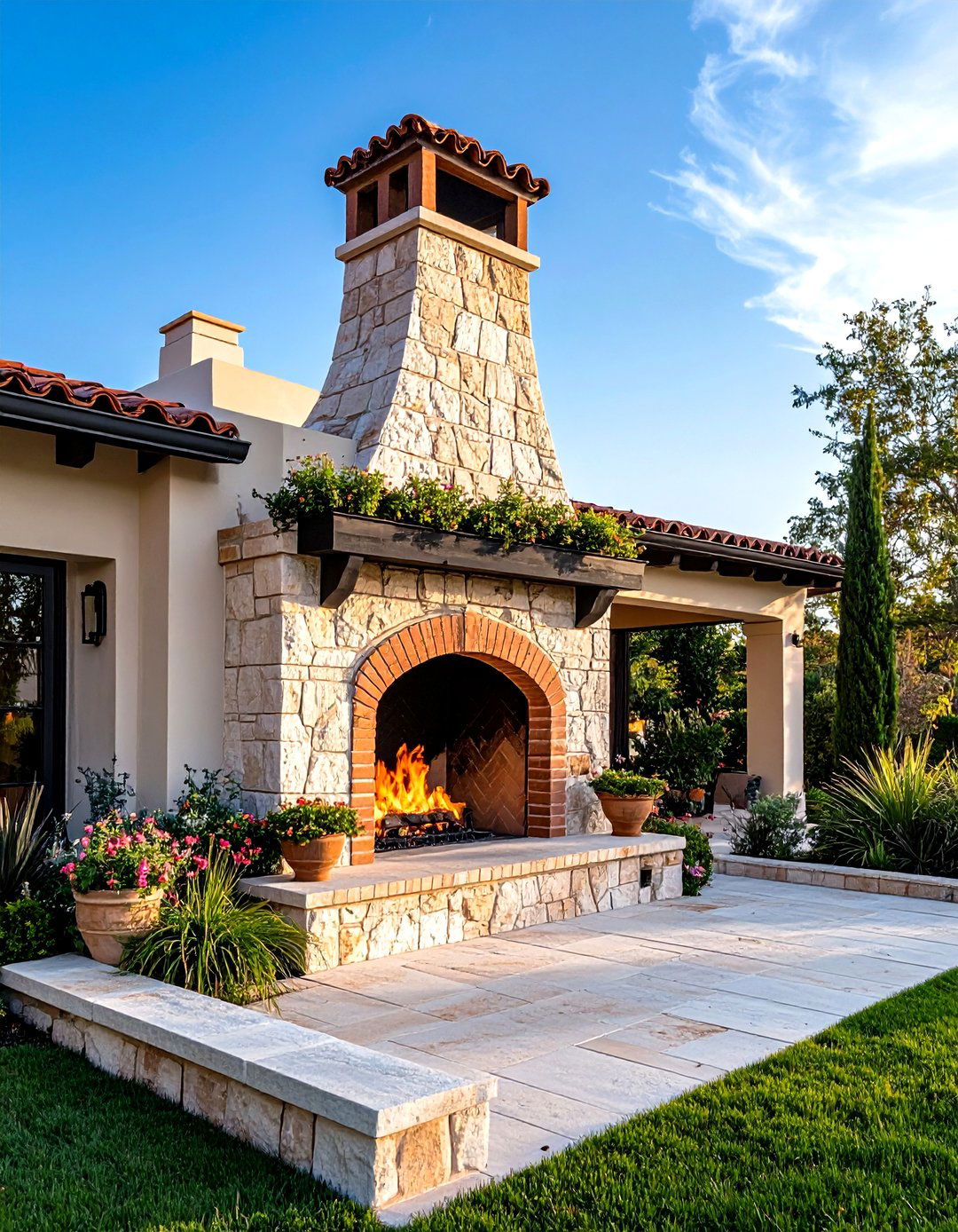 Outdoor Stone Fireplaces Complementing Spanish Style Home Exteriors - 20 spanish style home exterior ideas