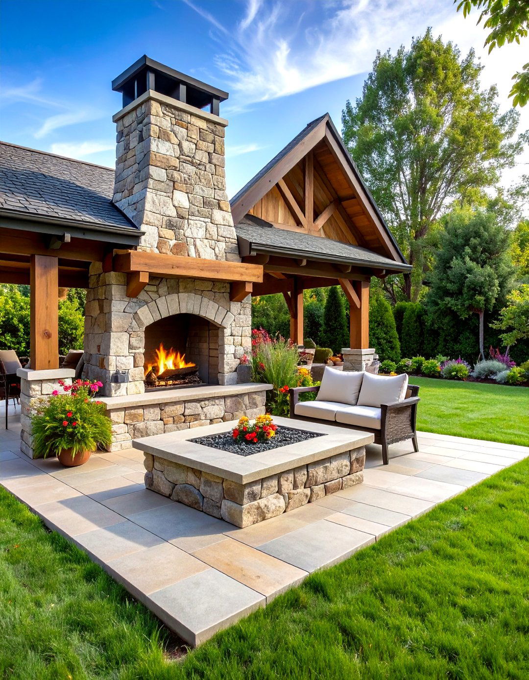 Outdoor Stone Rustic Fireplace with Covered Living Area - 20 Rustic Fireplaces