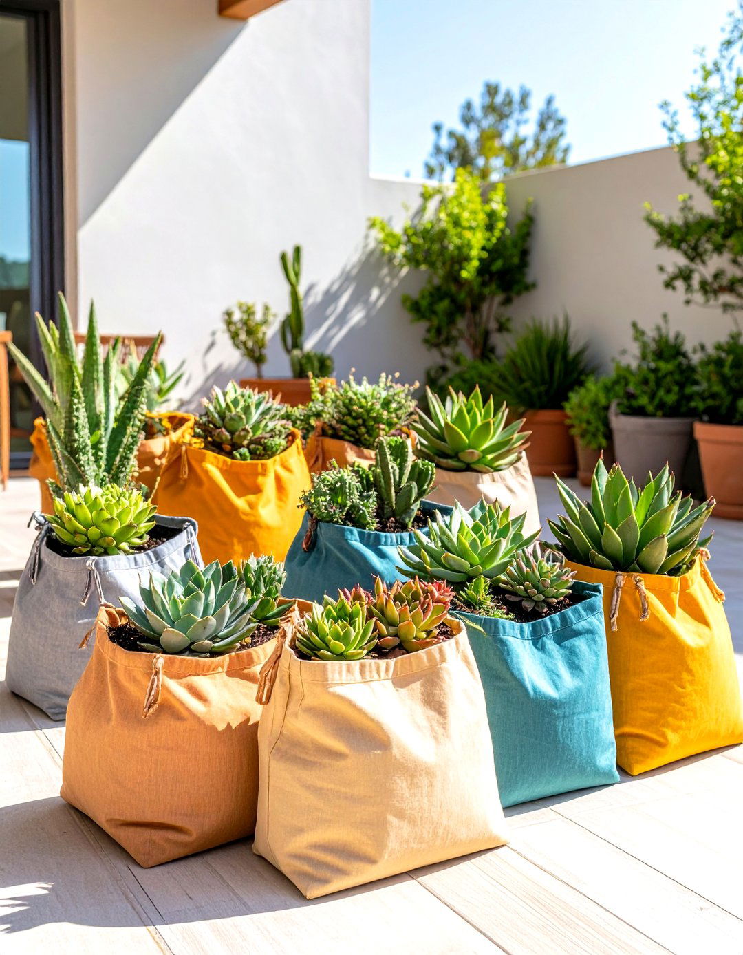 Outdoor Succulent Container Fabric Grow Bag Array - 20 Outdoor Succulent Container Ideas