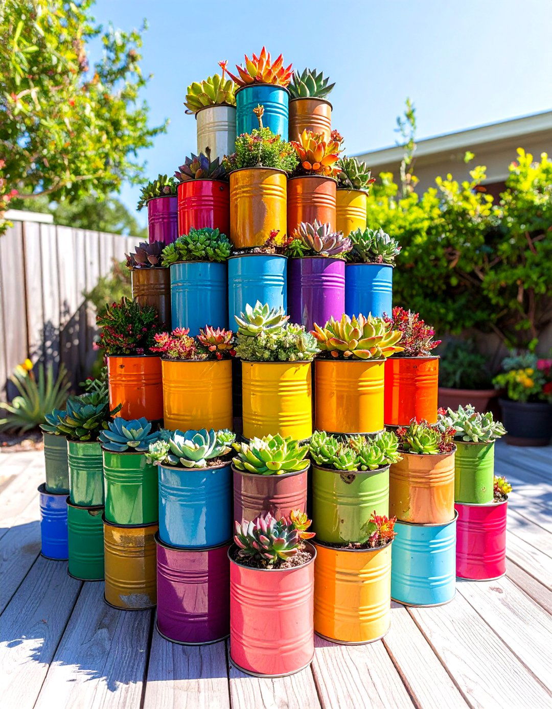 Outdoor Succulent Container Upcycled Tin Can Tower - 20 Outdoor Succulent Container Ideas