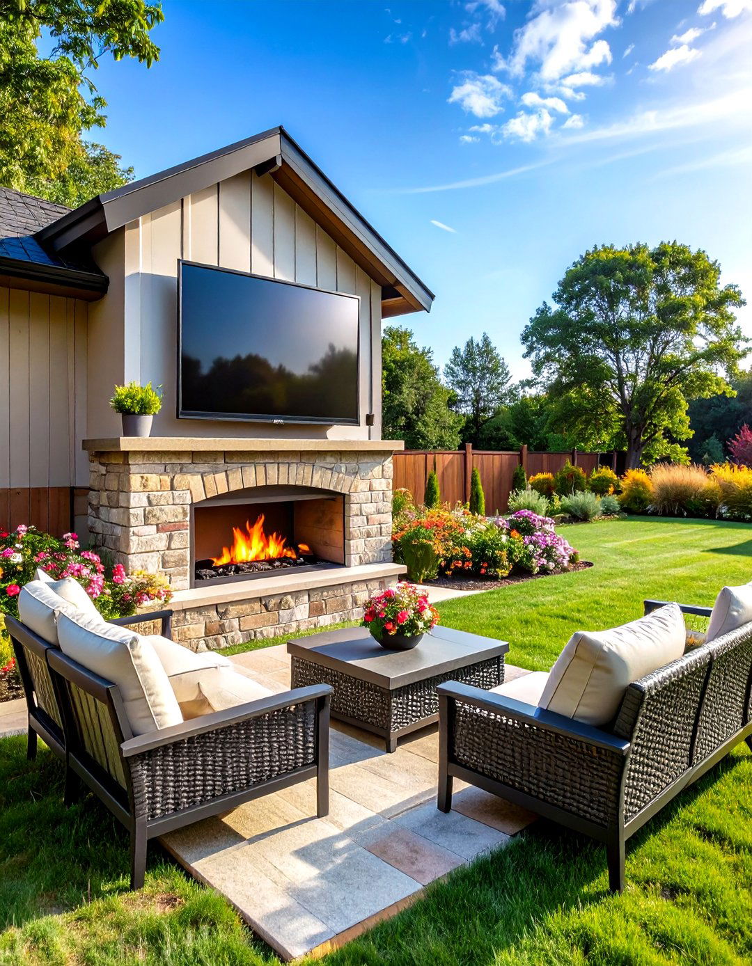 Outdoor TV Fireplace Focal Point - 20 Outdoor Tv Ideas