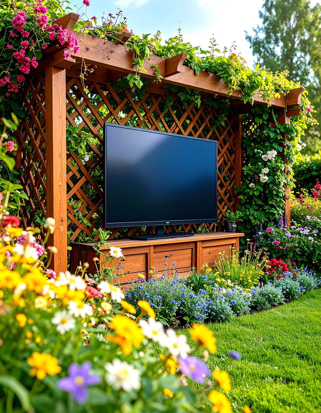 Outdoor TV Trellis Garden Integration - 20 Outdoor Tv Ideas