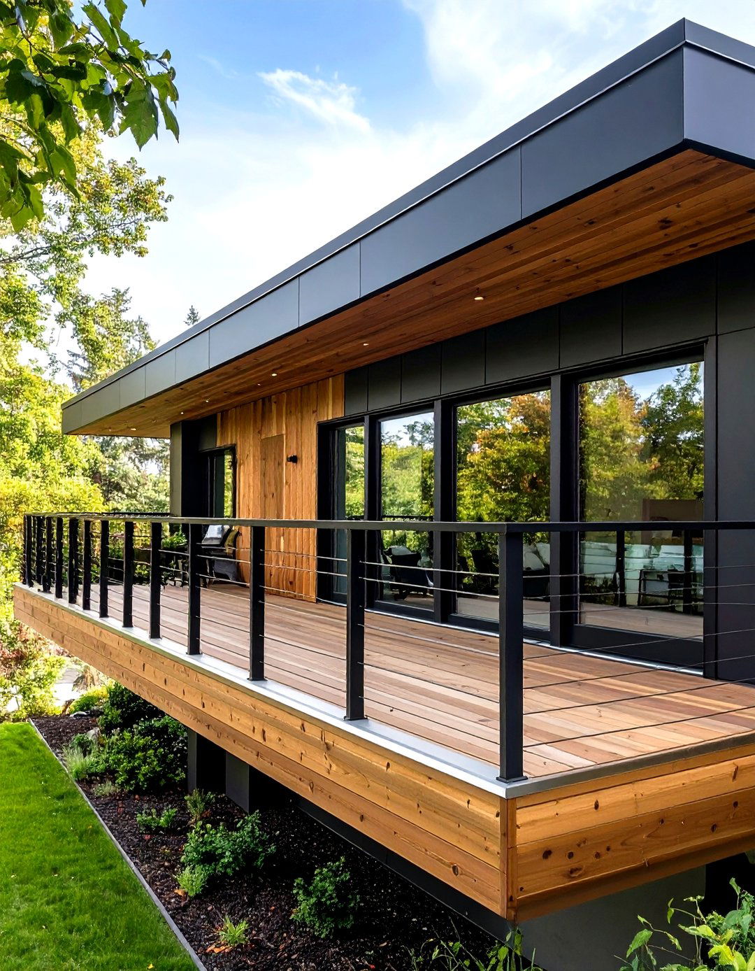 Overhanging Cedar Balcony Animates a Black Cube House - 20 Black House With Cedar Accents