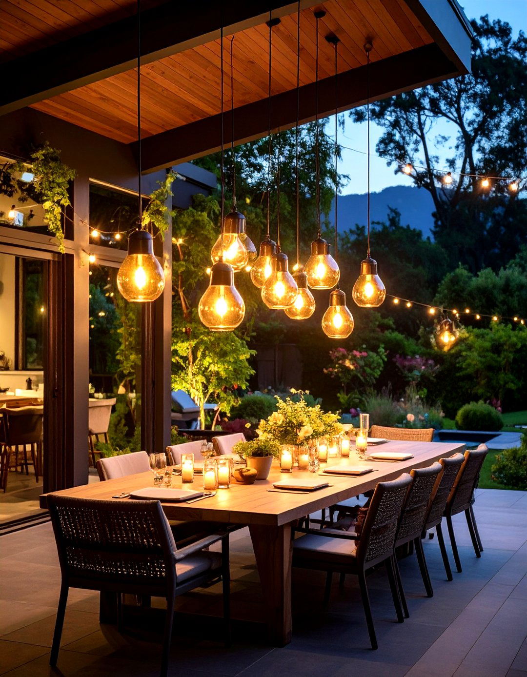 Overhead Pendant Cluster Deck Lighting Defines Dining Zones - 20 Deck Lighting Ideas