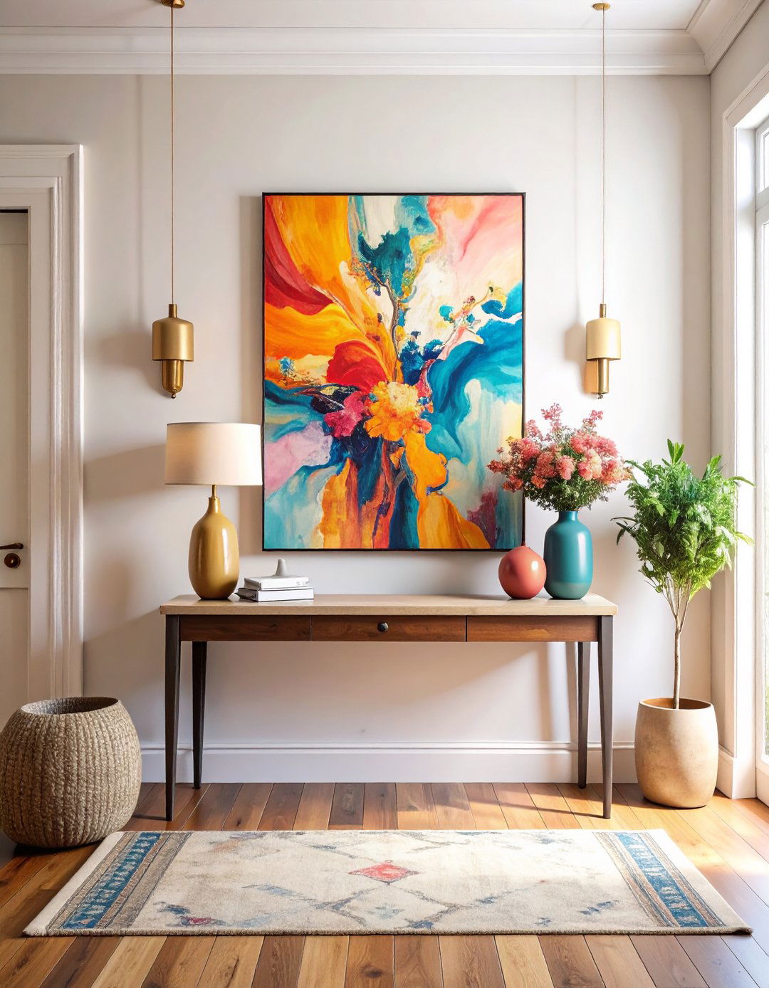 Oversized Art Leaning on Entry Table - 20 Entry Table Decor Ideas