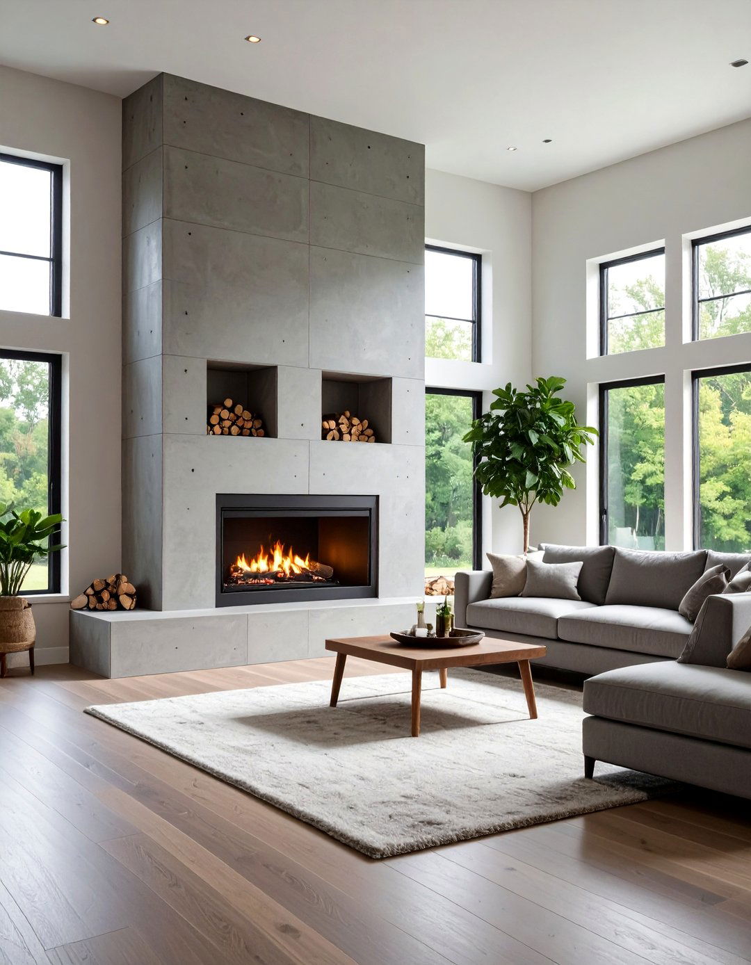 Oversized Concrete Fireplace with Firewood Storage Niches - 20 Concrete Fireplace Ideas