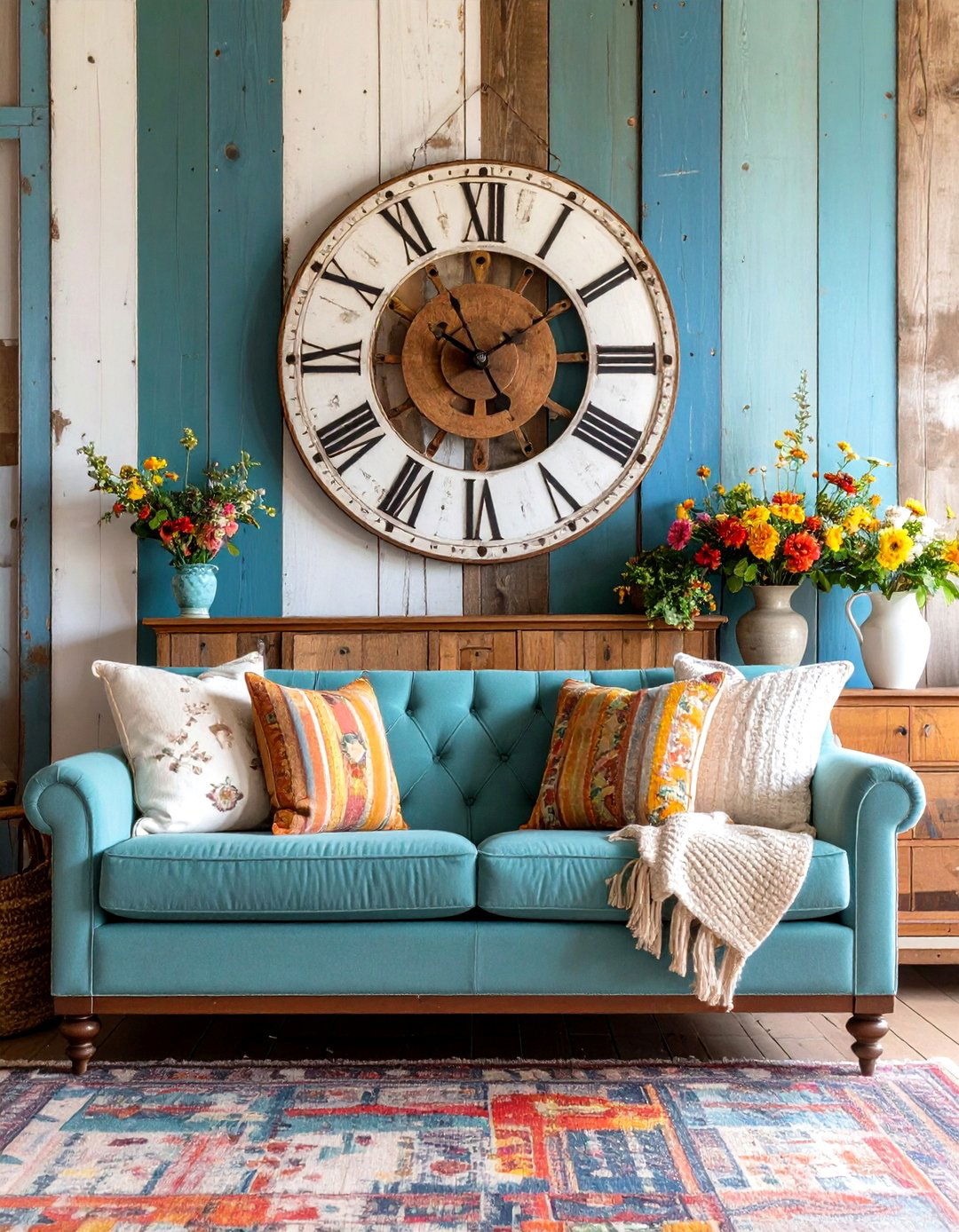 Oversized Farmhouse Clock Makes Timekeeping a Focal Point - 20 Farmhouse Living Room Ideas