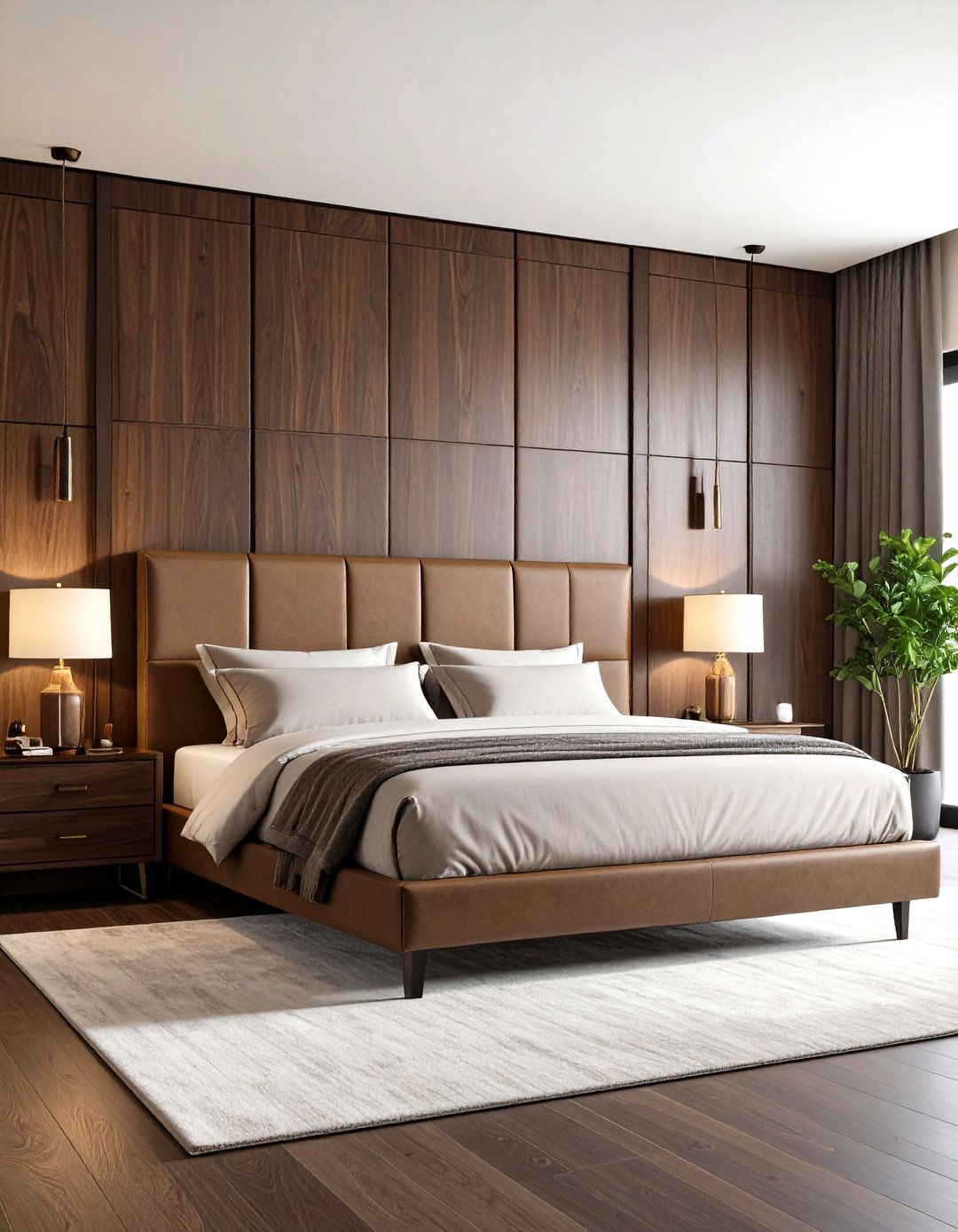 Oversized Headboard as Dark Wood Bedroom Showstopper - 20 Dark Wood Bedroom Ideas