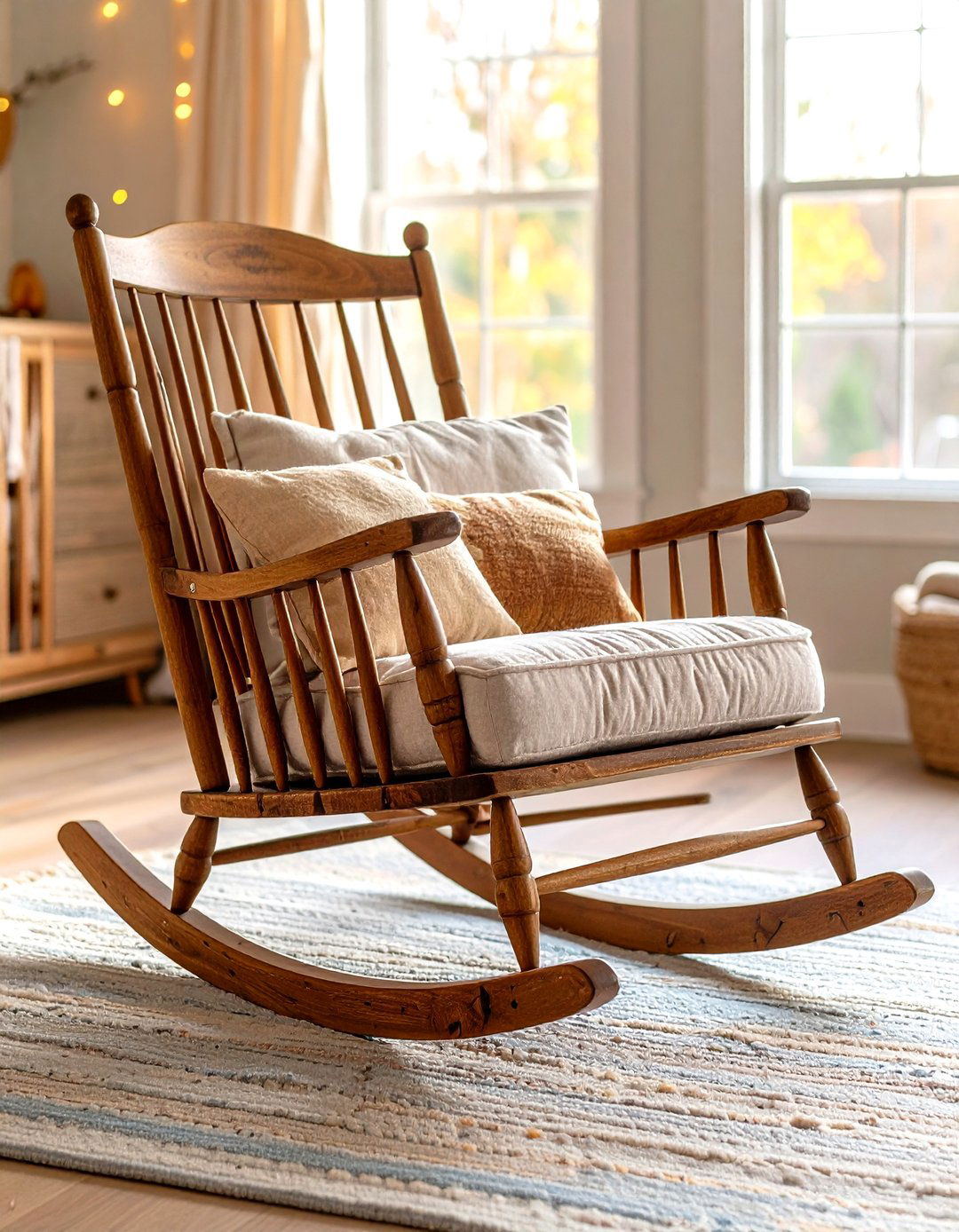 Oversized Rocking Chair with Weathered Finish Invites Snuggles - 20 Farmhouse Nursery Ideas