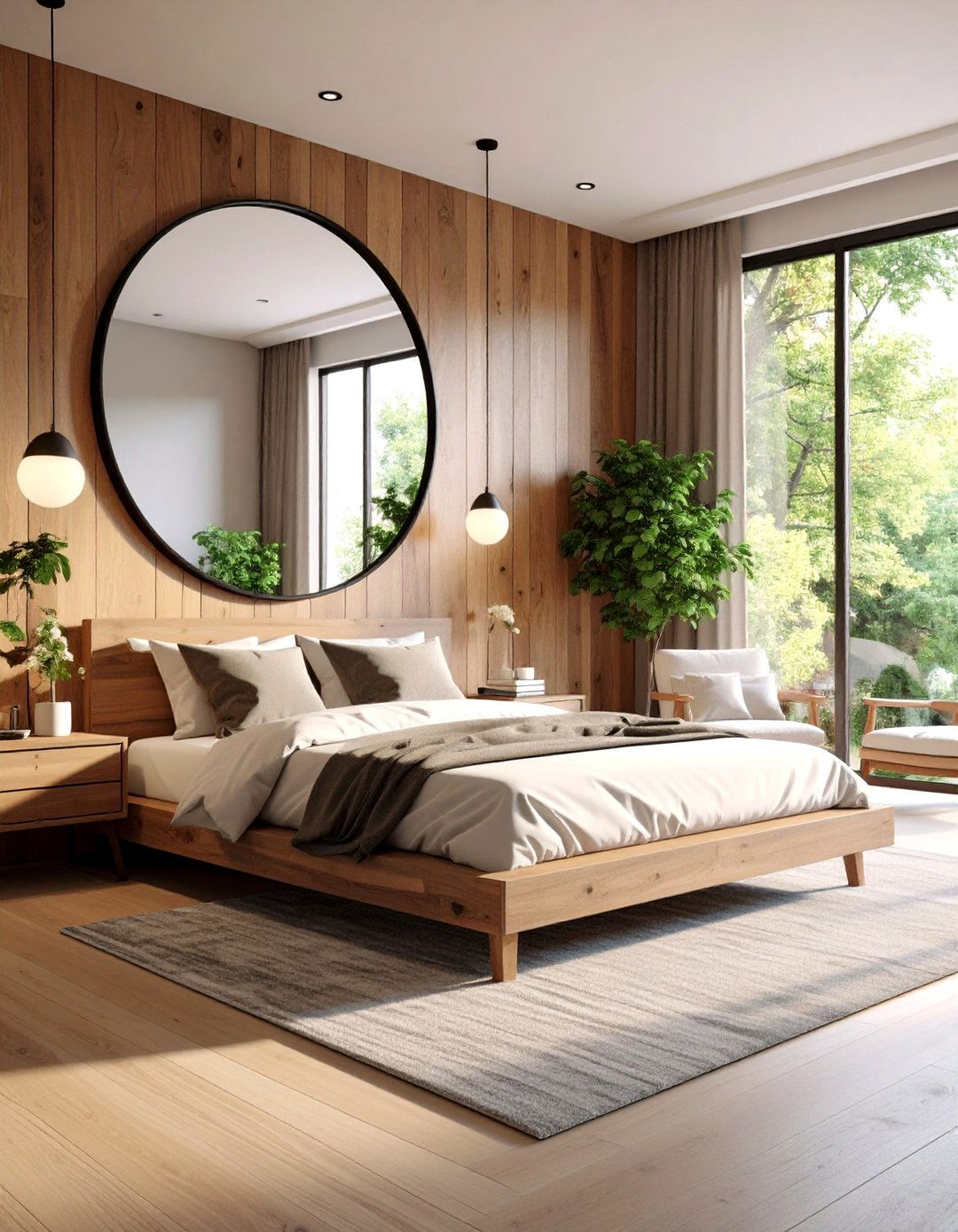 Oversized Round Mirror Above the Bed - 20 Bedroom Mirror Ideas
