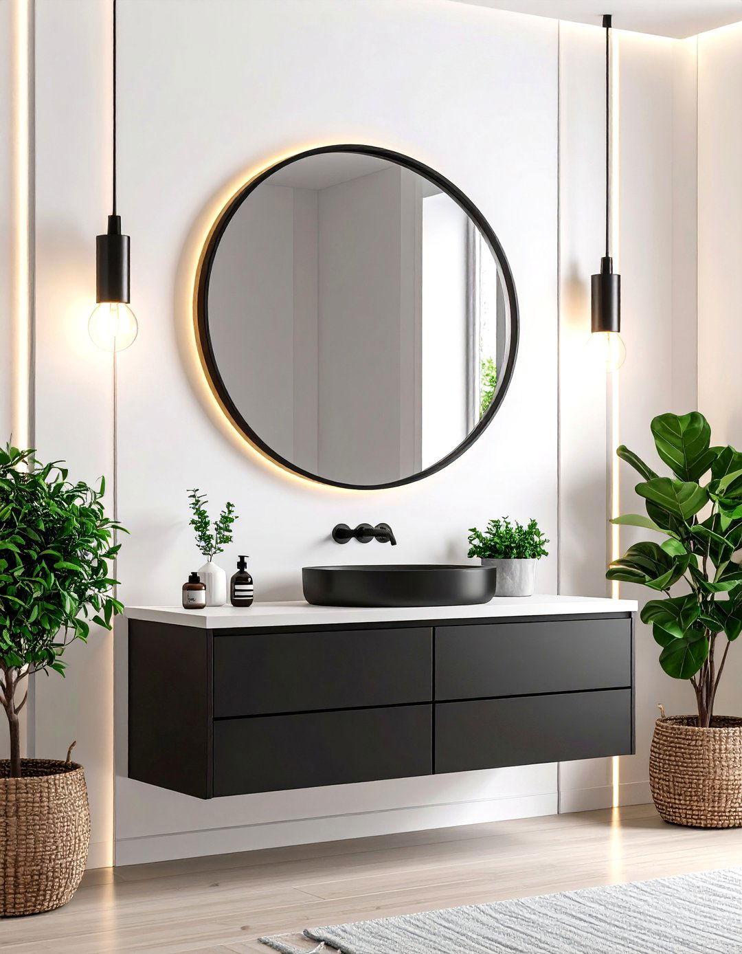 Oversized Round Mirror and Ribbon Lights - 20 Black and White Powder Room Ideas