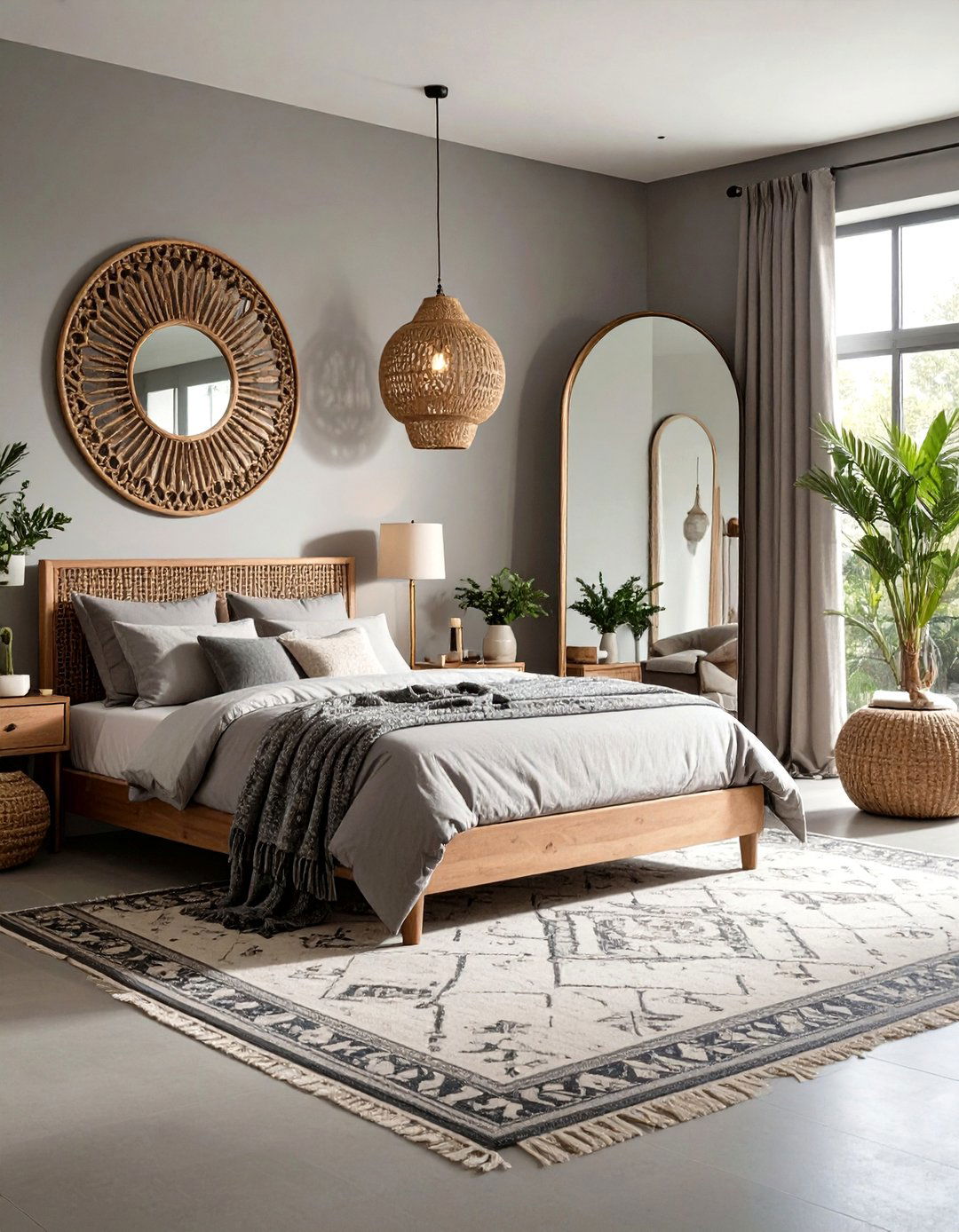 Oversized Statement Mirror Expands a Grey Boho Bedroom - 20 Grey Boho Bedroom Ideas