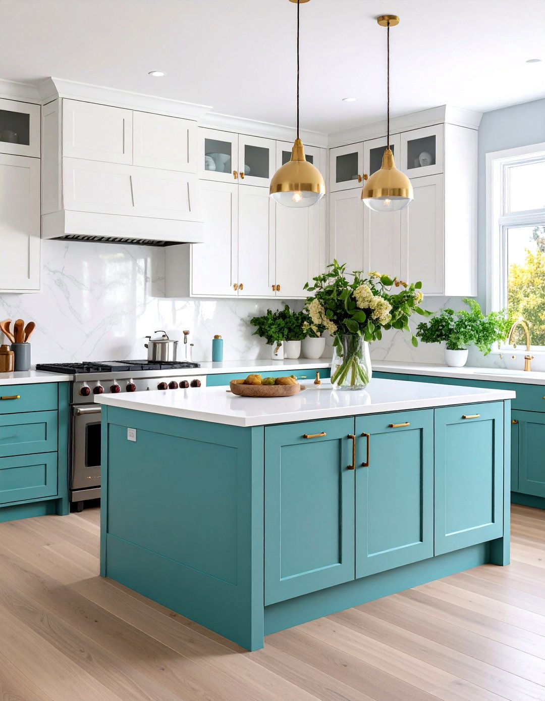 Paint an Accent Wall in Mauve Behind Teal and White - 20 Teal and White Kitchen Ideas