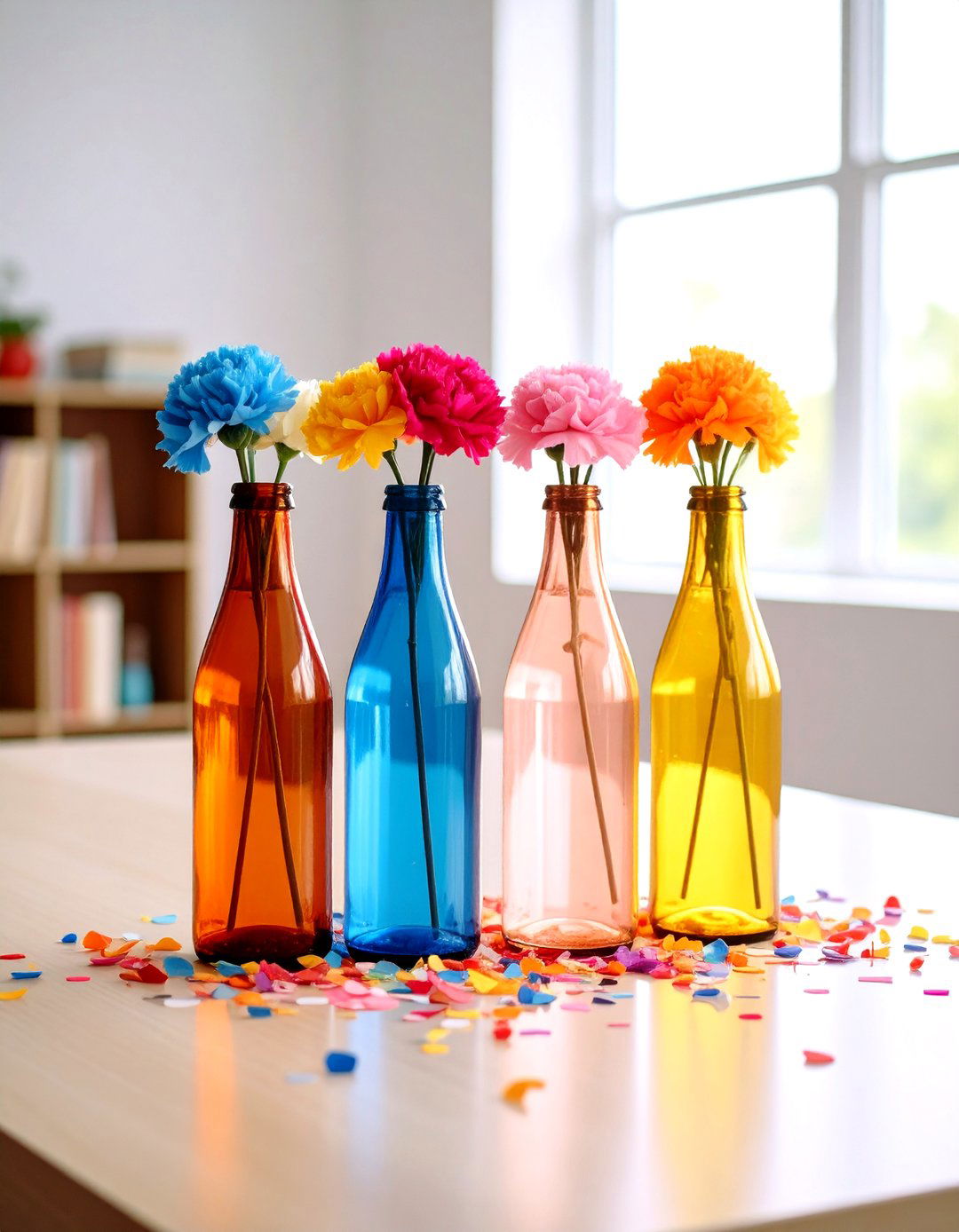 Painted Bottle Blooms in School Colours Graduation Centerpiece - 20 Graduation Centerpiece Ideas
