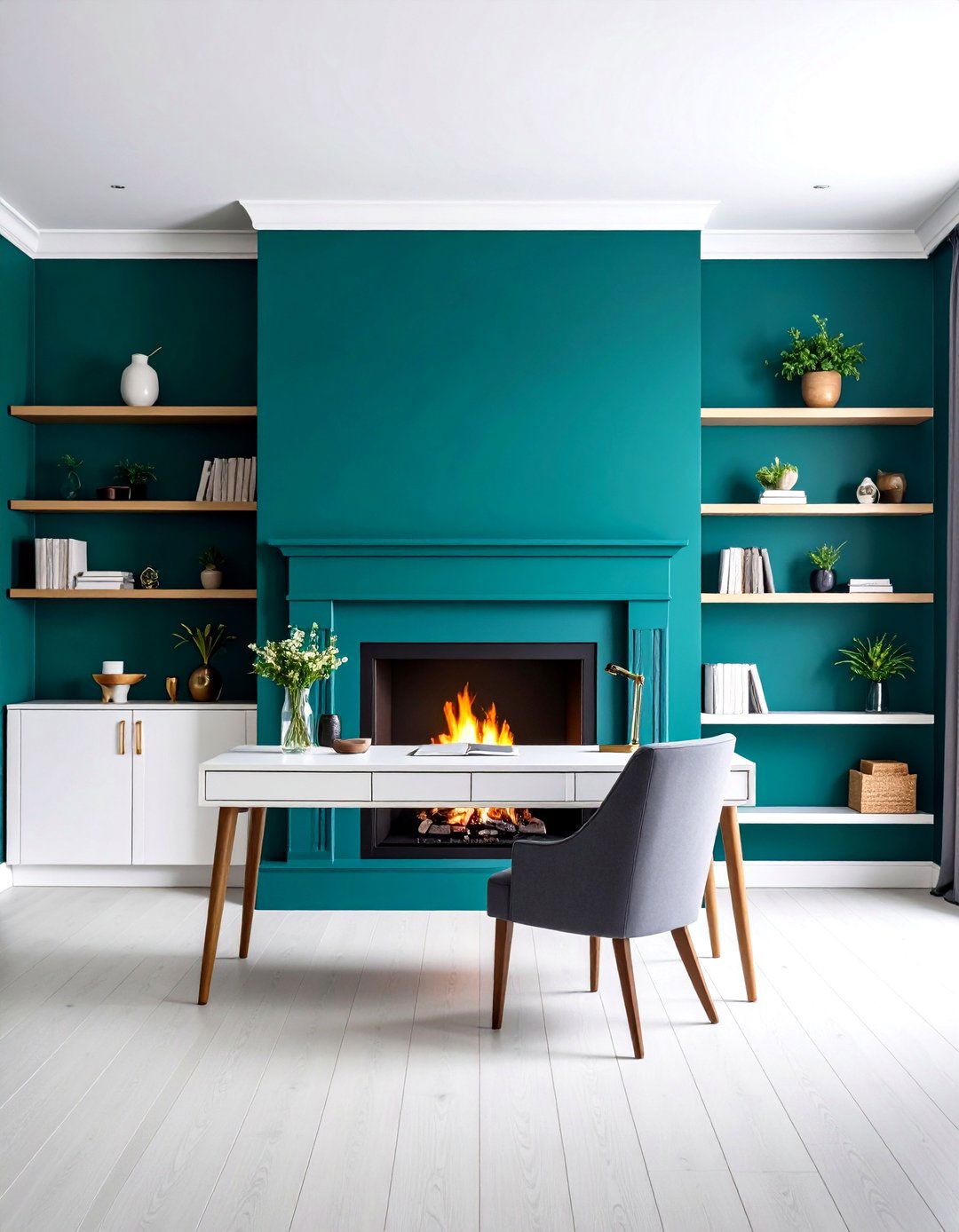 Painted Brick Fireplace in Colorful Home Office - 20 Home Office With Fireplace Ideas