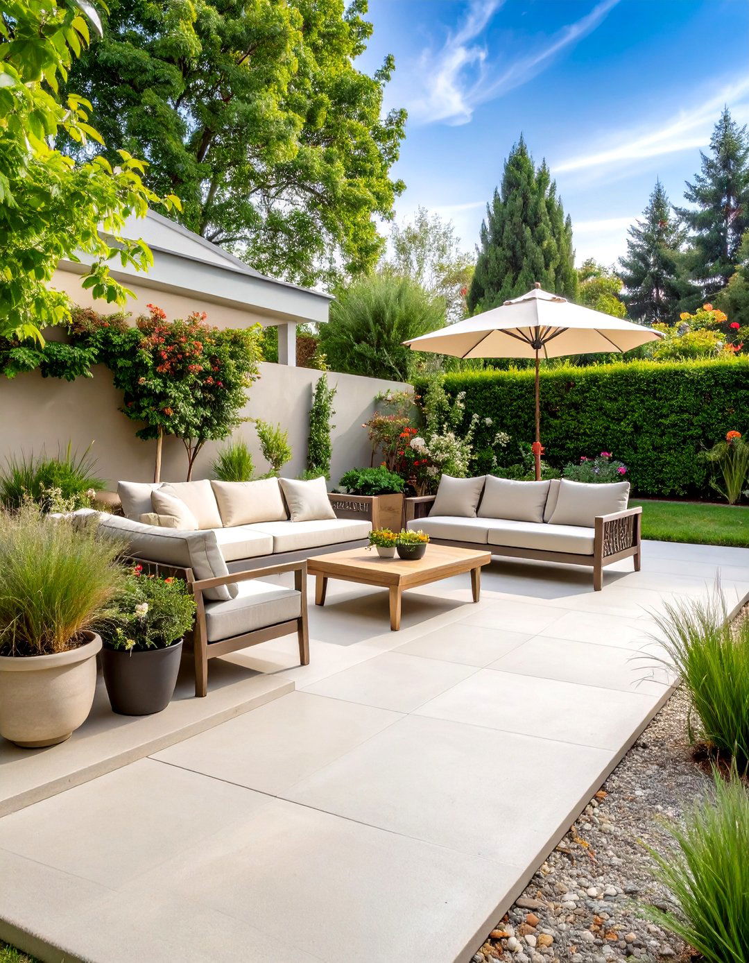 Painted Concrete Patio with Solid Base Color - 20 Concrete Patio Ideas on a Budget