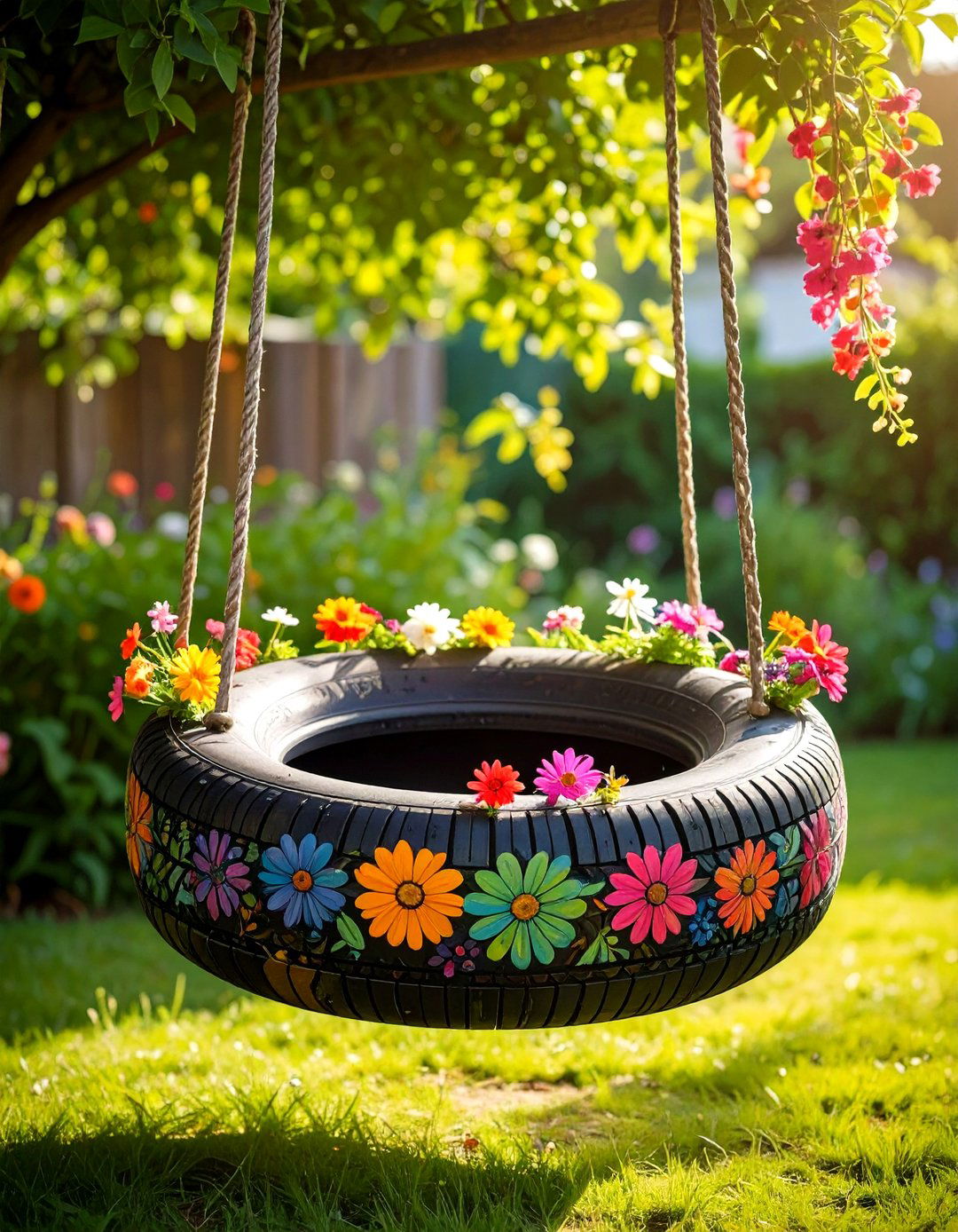 Painted Floral Tire Swing - 20 Tire Swing Ideas