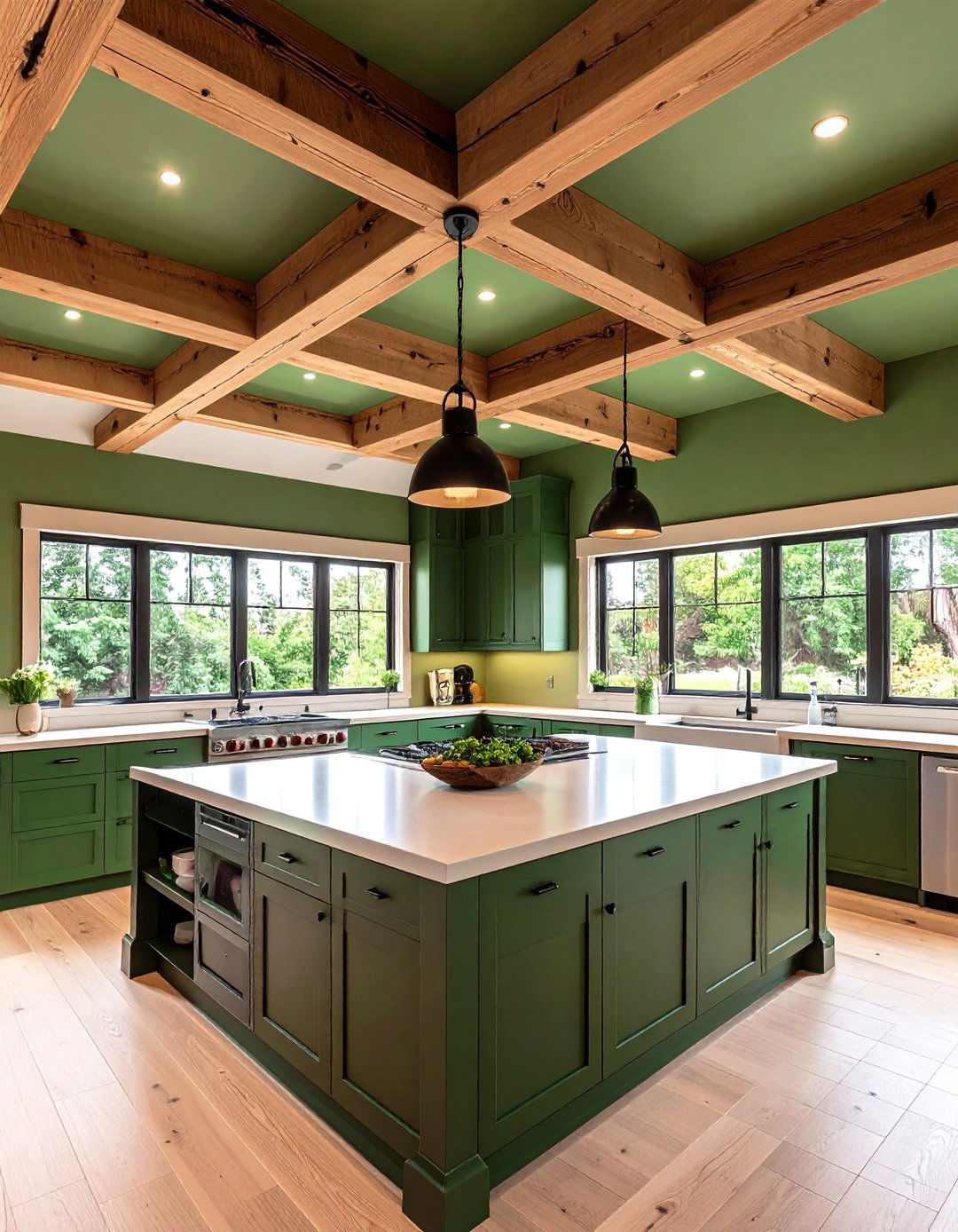 Painted Green Kitchen Ceiling with Exposed Brown Wood Beams - 20 Green and Brown Kitchen Ideas