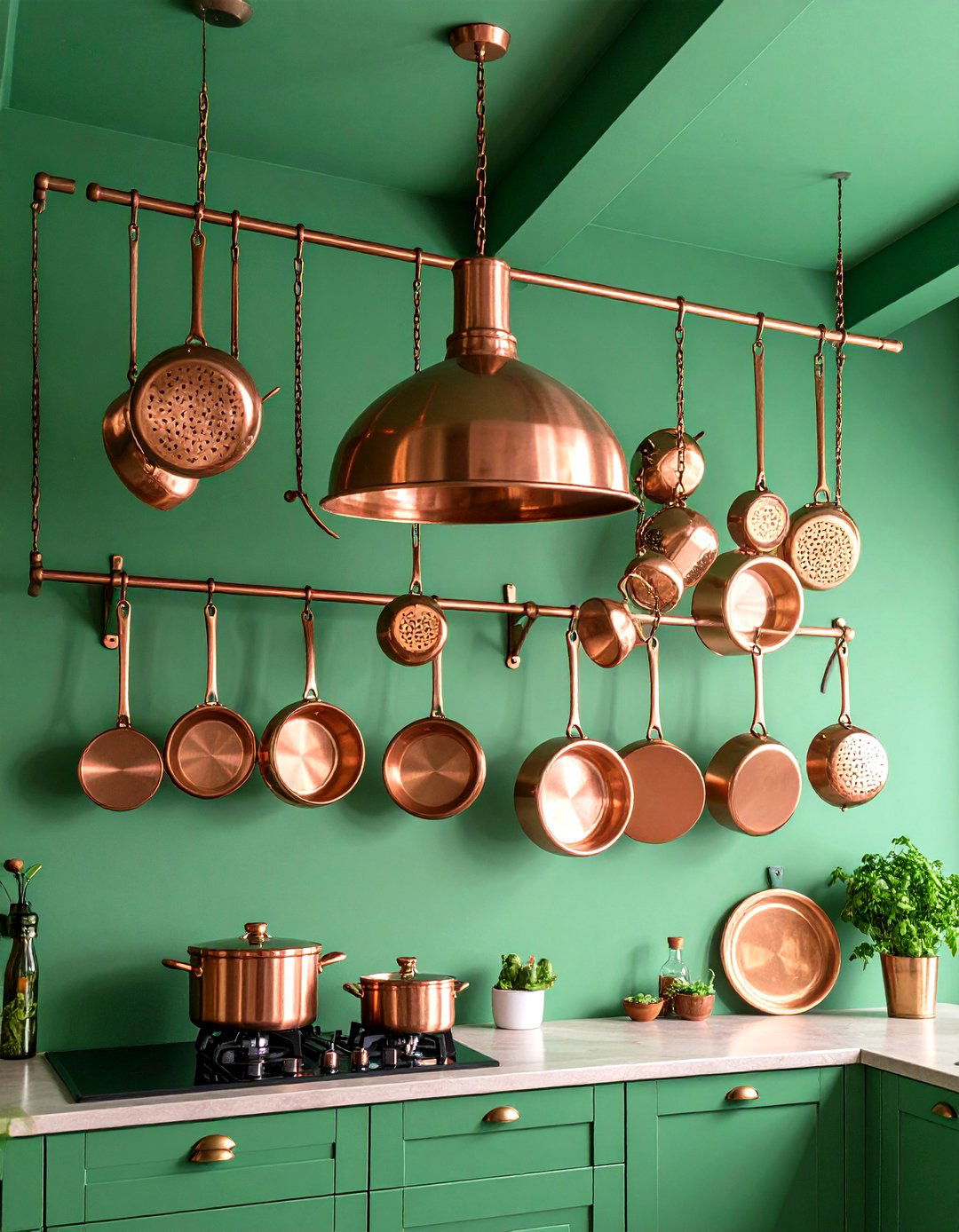 Painted Green Kitchen Ceiling with Hanging Copper Cookware Display - 20 Green and Copper Kitchen Ideas