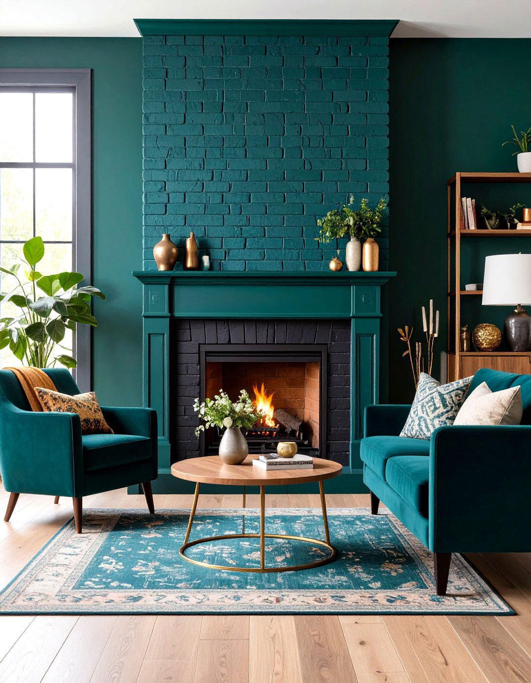 Painted Rustic Brick Fireplace in Bold Earth Tones - 20 Rustic Brick Fireplace Ideas