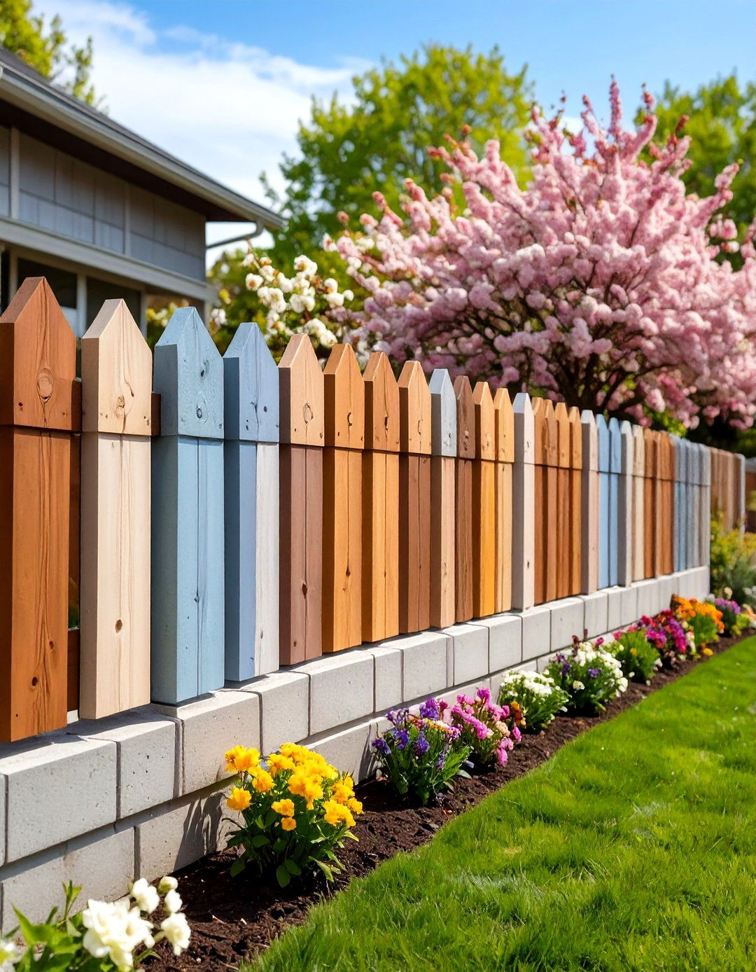 Painted and Stained Concrete Block Fence - 20 Concrete Block Fence Ideas