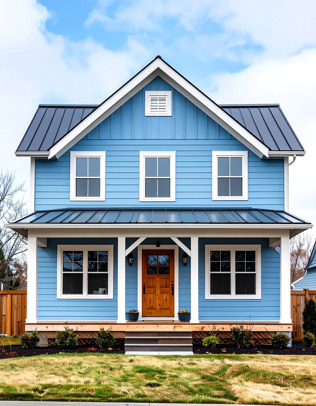 Pale Blue Modern Farmhouse Exterior with White Trim and Natural Wood - 20 Modern Farmhouse Exterior