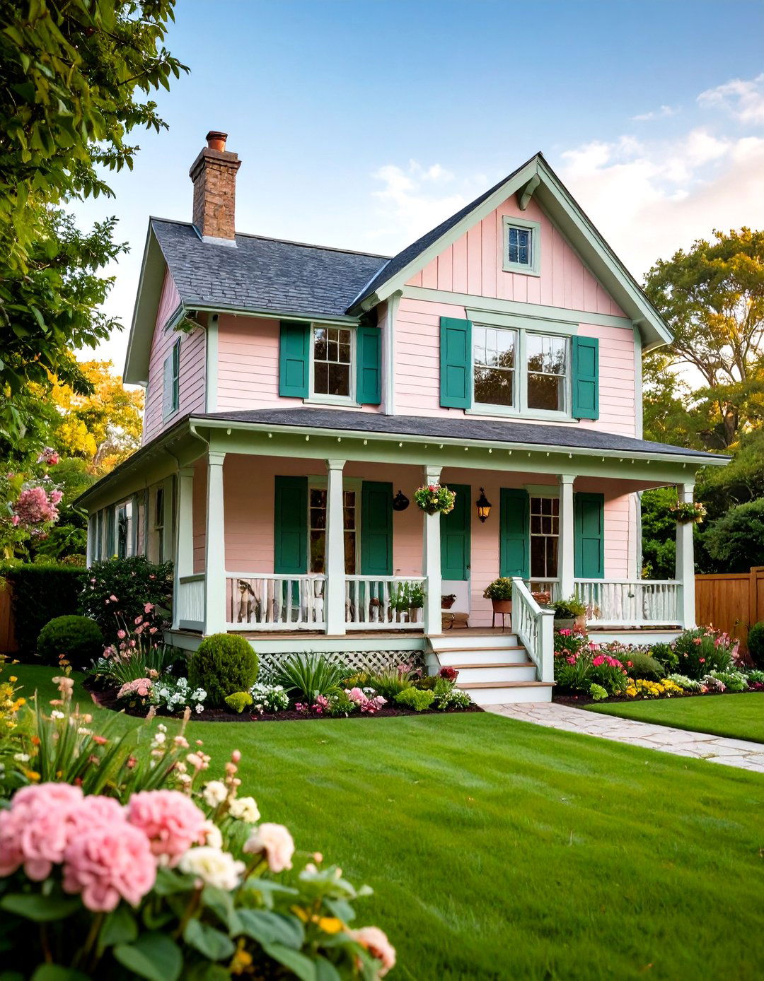 Pale Pink House Exterior with Sage Green Trim - 20 Pink House Exterior Ideas