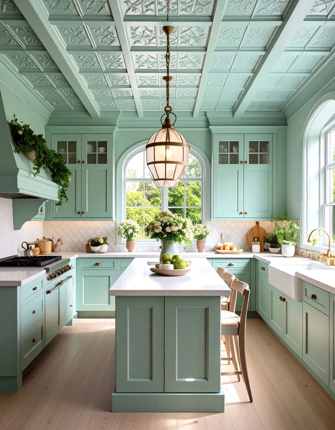 Pale Sage Tin Tile Kitchen Ceiling Lends Vintage Sparkle - 20 Green Ceiling Ideas