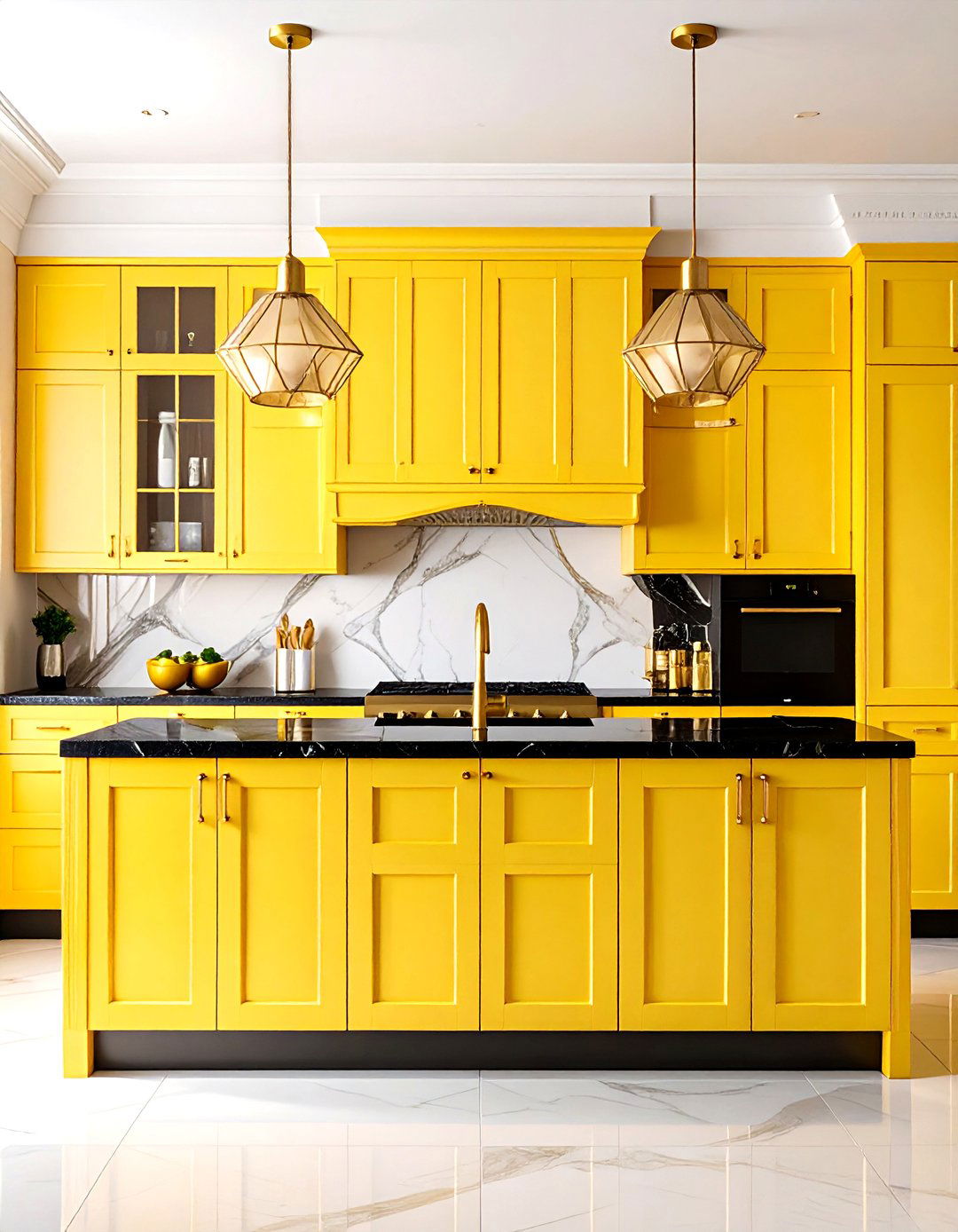 Pale Yellow Art Deco Kitchen with Gold Accents - 20 Pale Yellow Kitchen Ideas