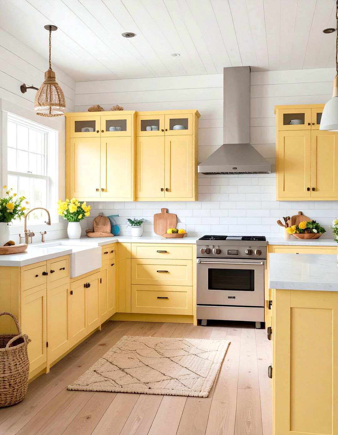 Pale Yellow Coastal Kitchen with Shiplap Walls - 20 Pale Yellow Kitchen Ideas
