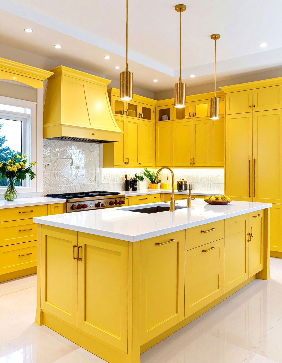 Pale Yellow Contemporary Kitchen with Waterfall Island - 20 Pale Yellow Kitchen Ideas