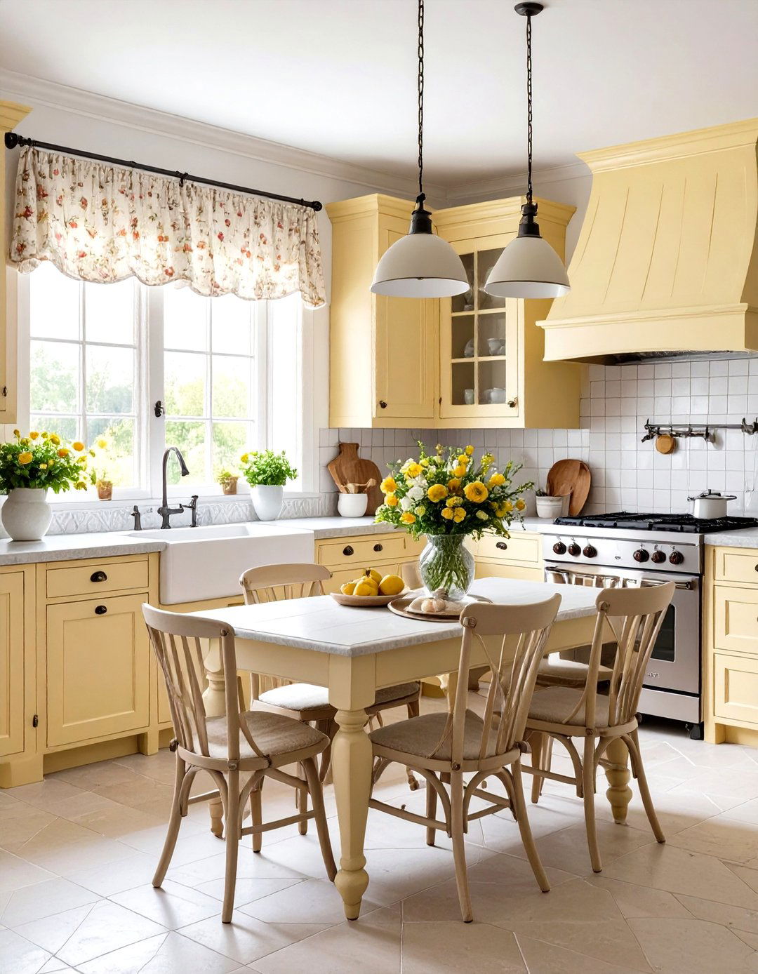 Pale Yellow French Country Kitchen with Toile Accents - 20 Pale Yellow Kitchen Ideas