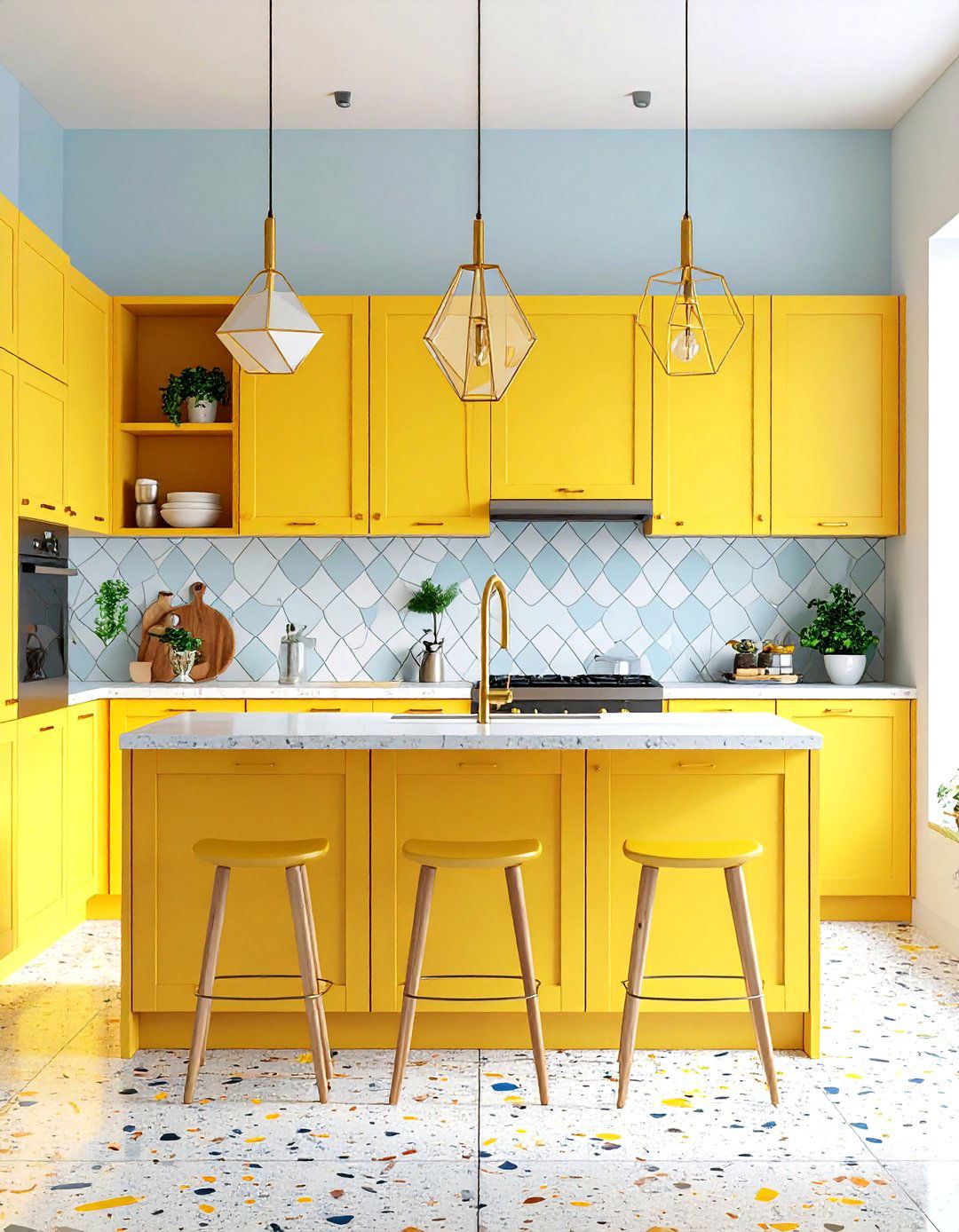 Pale Yellow Mid Century Modern Kitchen with Geometric Elements - 20 Pale Yellow Kitchen Ideas