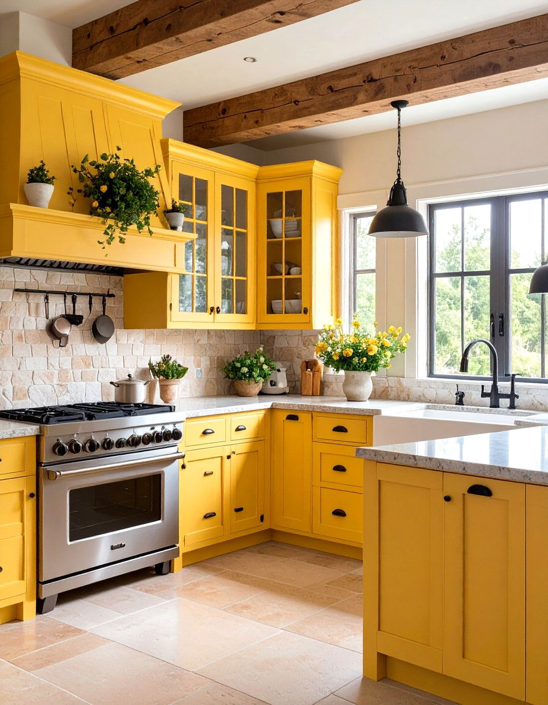 Pale Yellow Rustic Kitchen with Stone Accents - 20 Pale Yellow Kitchen Ideas