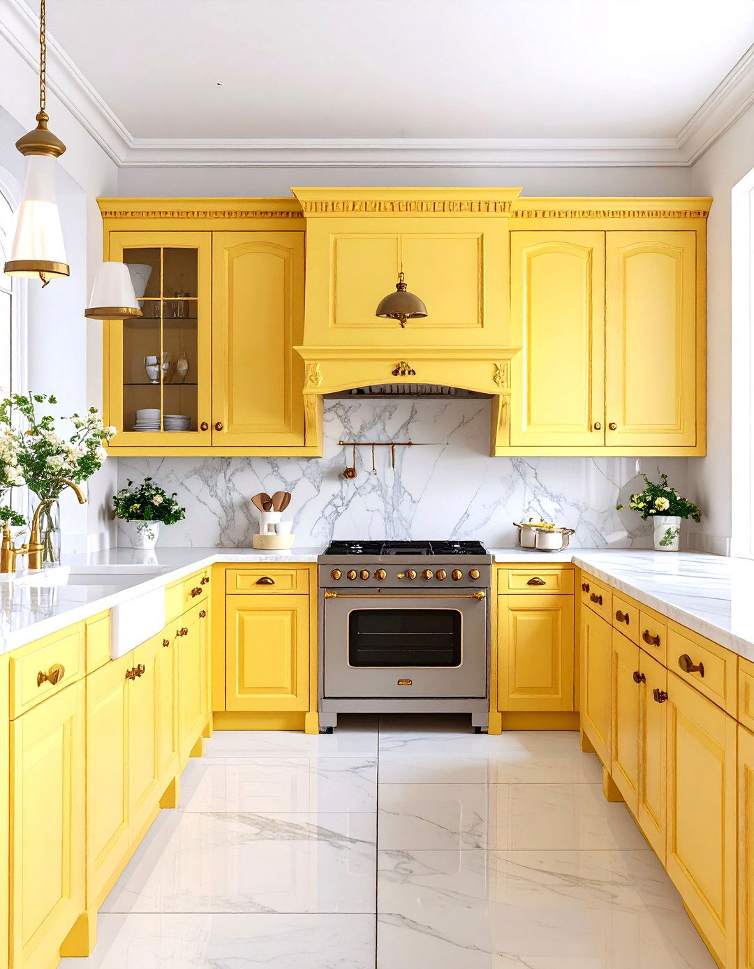 Pale Yellow Victorian Kitchen with Glass Front Cabinets - 20 Pale Yellow Kitchen Ideas