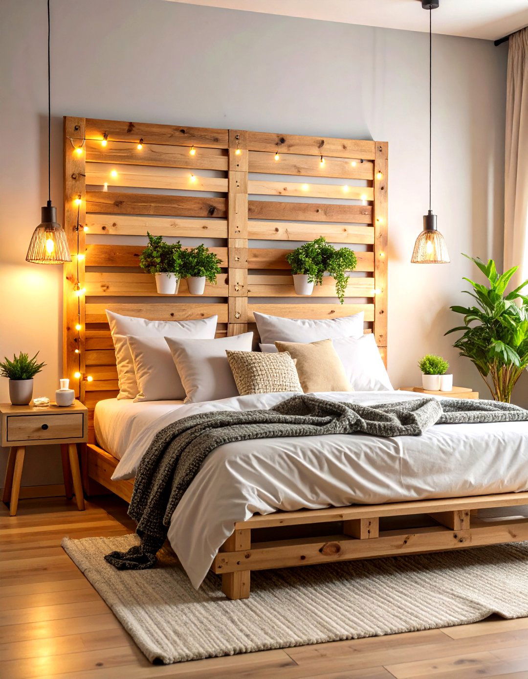 Pallet Bedroom Headboard with LED Lighting - 20 Pallet Furniture Ideas