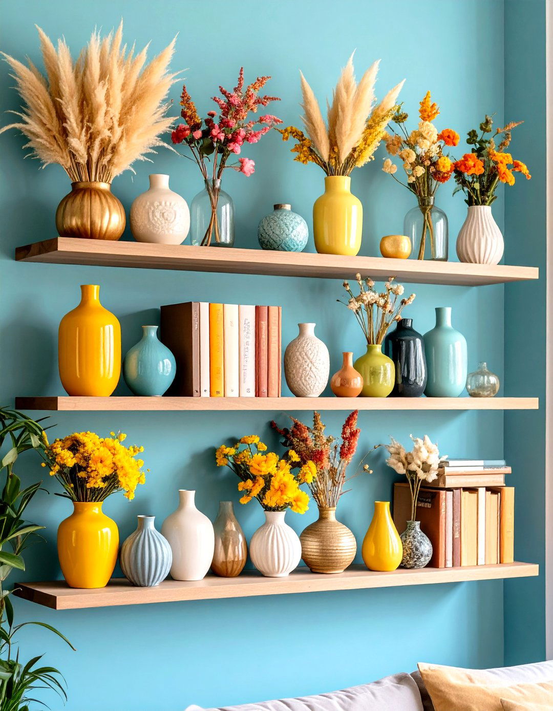 Pampas Grass Floating Shelf Arrangement - 20 Pampas Grass Decor Ideas