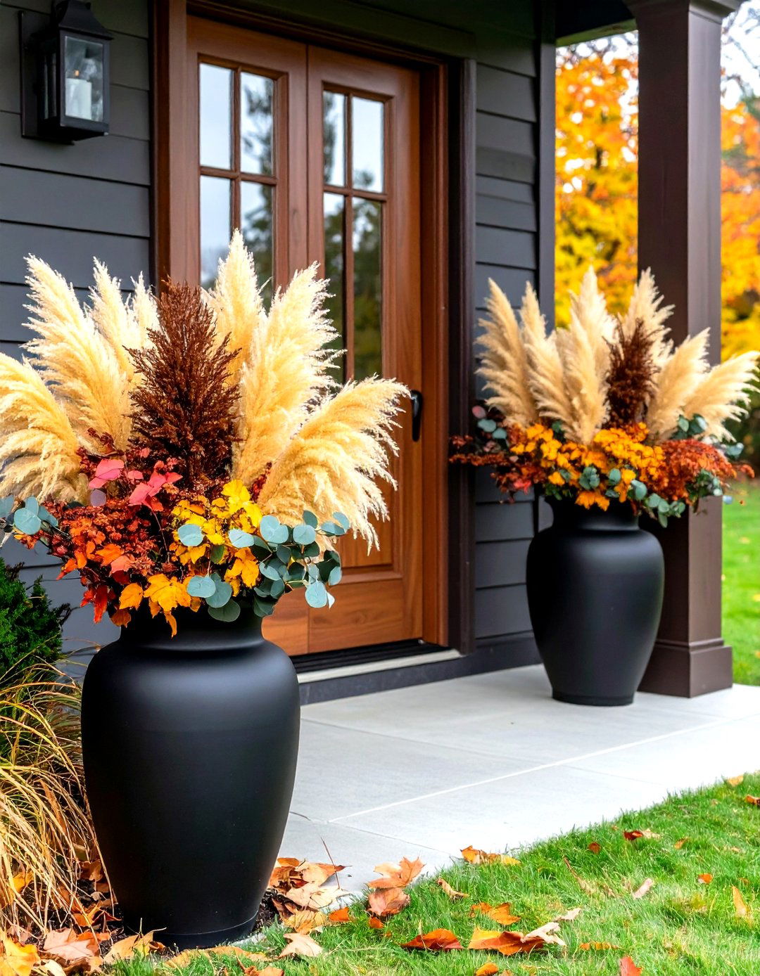 Pampas Grass and Eucalyptus Urns as Modern Fall Door Decor - 20 Front Door Fall Decor Ideas
