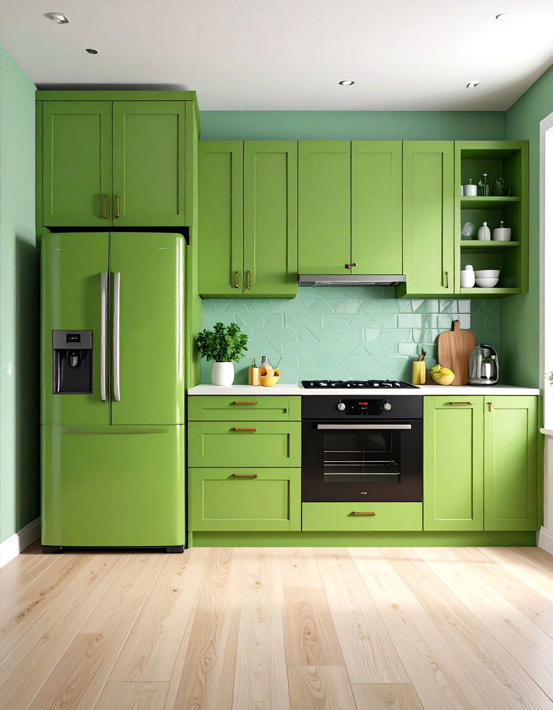 Panel Ready Appliances Behind Green Cabinets - 20 Green Kitchen Cabinet Ideas