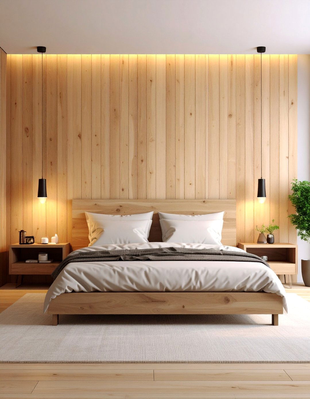 Paneled Beige Walls with Black Sconces - 20 Black and Beige Bedroom Design Ideas