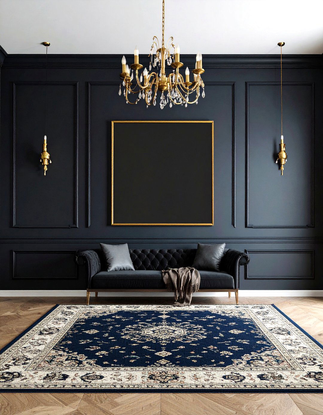 Paneled Black Accent Wall with Classic Molding - 20 Black Accent Wall Ideas