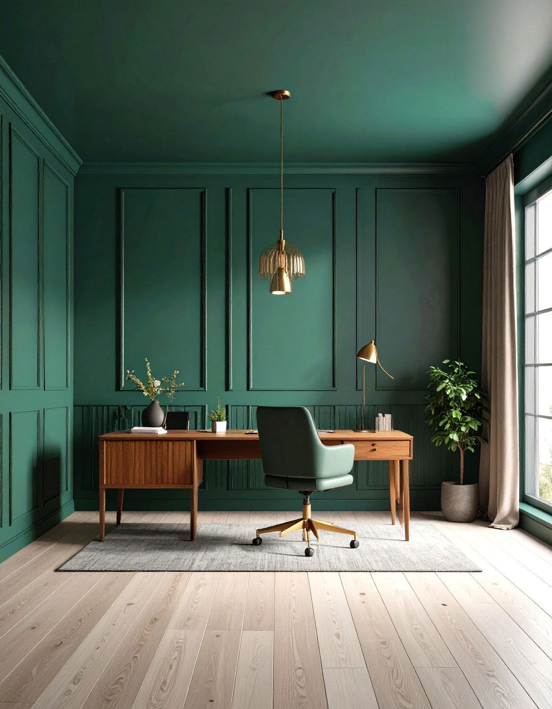 Paneled Dark Green Walls for Architectural Interest - 20 Dark Green Home Office Ideas