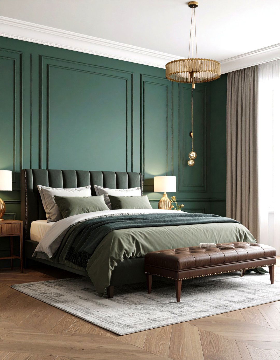 Paneled Wainscoting in Moody Green - 20 Dark Green Bedroom Ideas