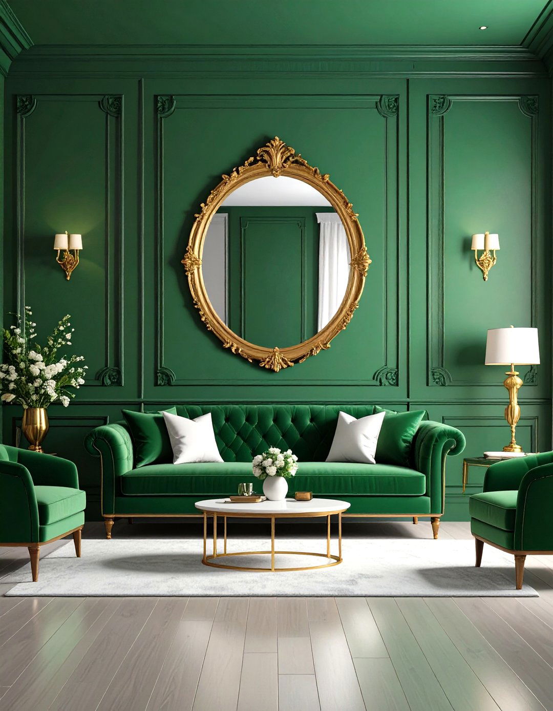 Paneled Walls in Emerald with a Grand Gold Mirror - 20 Emerald Green and Gold Living Room Ideas